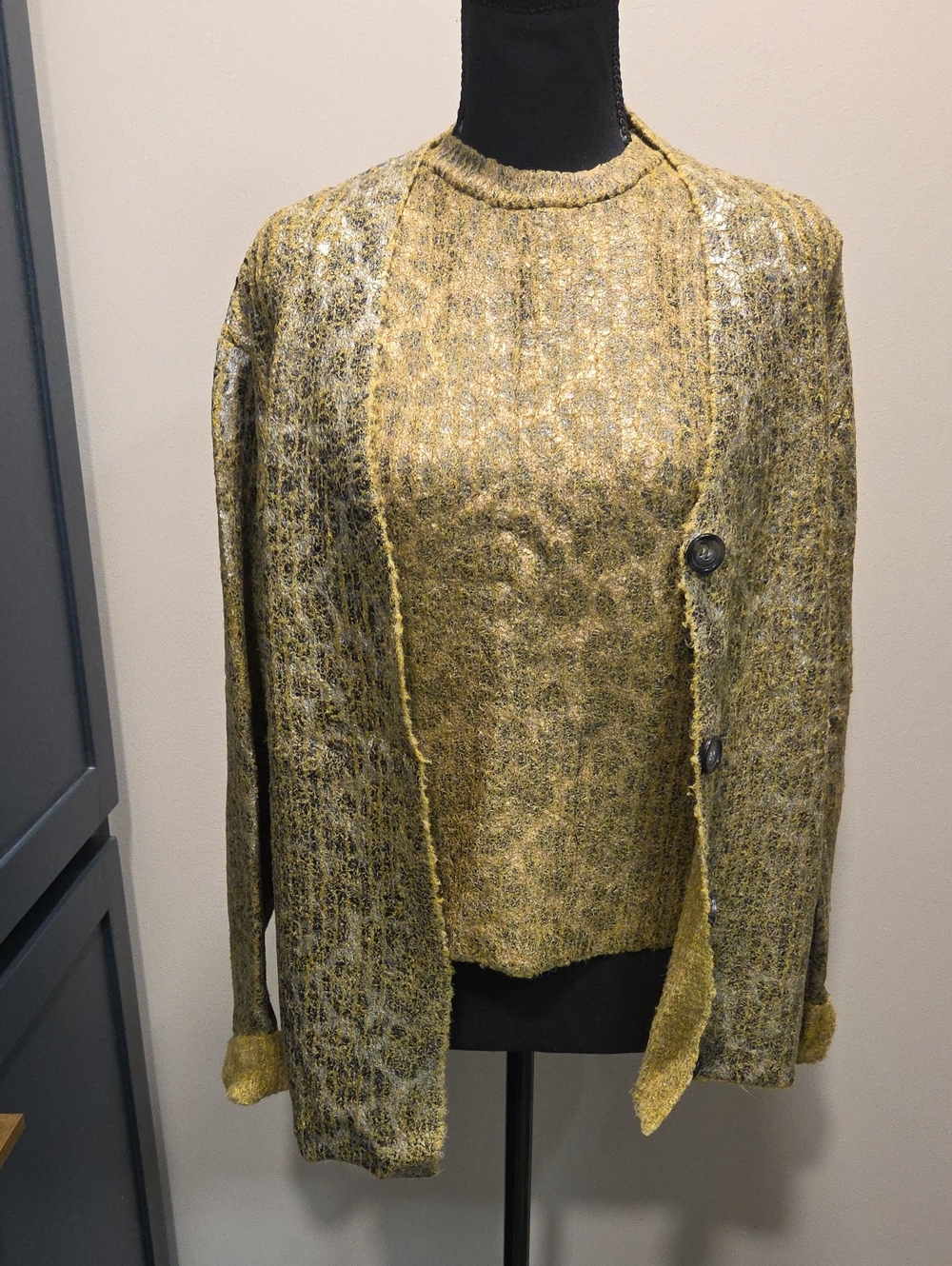 Zara Leopard Print Gold Foil Print Cardigan & Sleeveless Sweater Combo